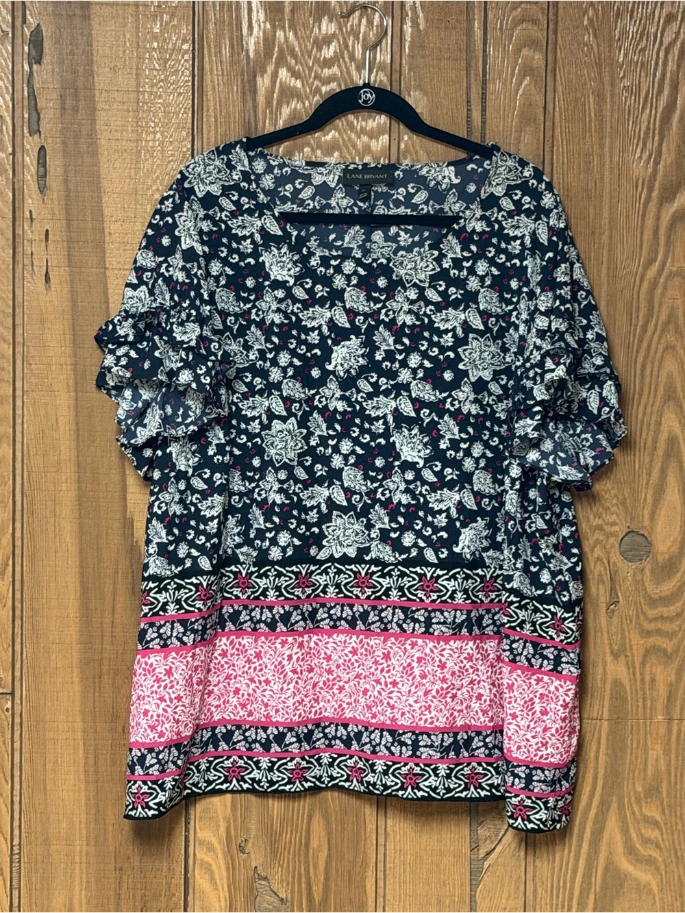 Lane Bryant Black Floral Top with Pink Border and‎ Short Ruffle Sleeve - Picture 2 of 5